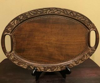 Vintage Hand Carved Wooden Oval Serving Tray Floral And Leaves Design 18x12x1.  5”