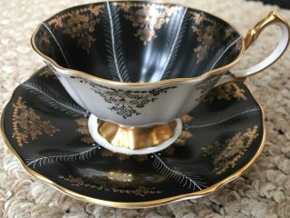 Queen Anne Bone China Teacup & Saucer - Black And Gold In