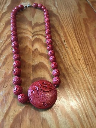 Vintage Chinese Red Cinnabar Necklace 28” Long Pendant 2 “round Fantastic Piece