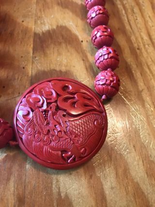 Vintage CHINESE RED CINNABAR NECKLACE 28” Long Pendant 2 “round Fantastic piece 2