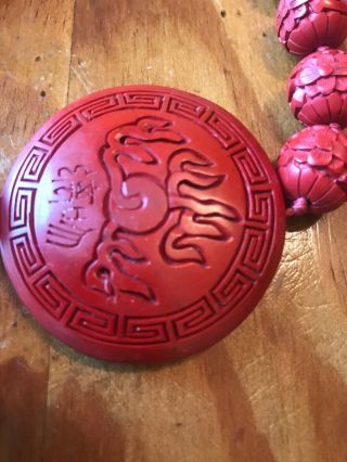 Vintage CHINESE RED CINNABAR NECKLACE 28” Long Pendant 2 “round Fantastic piece 3