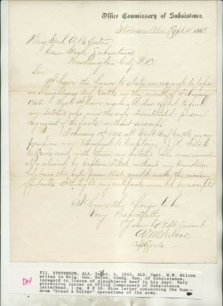 1865 Letter From A M Wilcox Office Commissary Substistence Stevenson Alabama