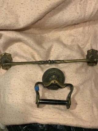 Vintage Amerock Carriage House Brass Toilet Paper Holder & Towel Bar Wall Mount