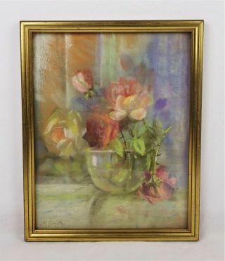 Vintage Mid Century Floral Pastel Oil Painting Of Flowers Roses In A Vase Signed