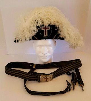 Vintage Masonic Knights Templar Chapeau Ostrich Feather Hat 7 1/2 & Sword Belt