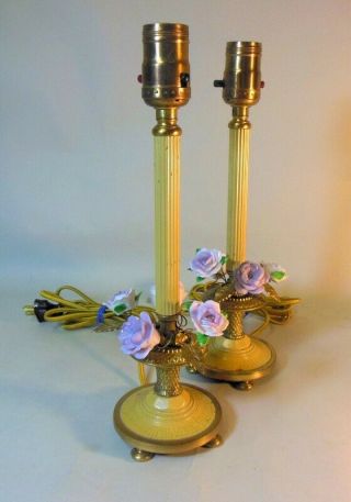 Vtg Pair French Boudoir Lamps Porcelain Flowers Baskets Gilt Gold Leaves
