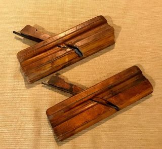 Pair Antique Wood Wooden European Molding Moulding Plane Planing Tools Folk Art