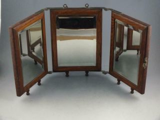 Victorian Oak And Beveled Glass Tri Fold Travel Mirror