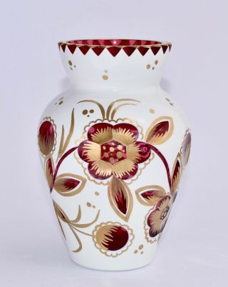 Cranberry & Milk Glass Cased Vase - Gilt Floral - Stourbridge? 15.  4cm