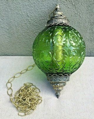 Vintage 1970s Ef Industries Swag Lamp Green Textured Glass Globe Hanging Chain