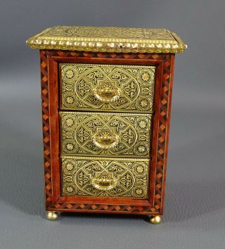 Vtg Toledo Gold Damascene Steel Marquetry Inlay Wood Jewelry Chest Box 3 Drawers