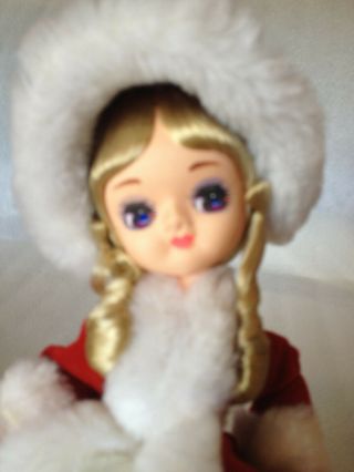 Vintage Christmas Doll On Stand Moves Velvet Coat @@