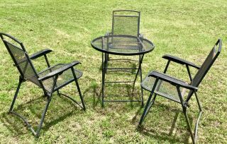 Vtg Mesh Folding Patio Garden Outdoor Table Chairs Wrought Iron Mid Century Mcm