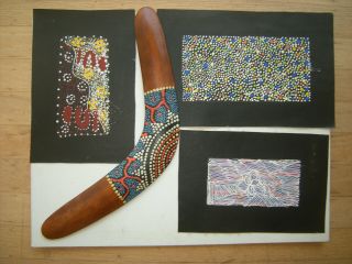 Australian Boomerang And 3 Aboriginal Oil Paintings