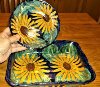 Talavera Yellow Sunflower & Blue Bowl & Rectangular Dish,  11 " X 8 " Signed Ortiz