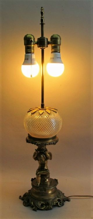 Fine French Gilt Bronze & Cut Crystal Oil Lamp,  Electrified C.  1880 Antique