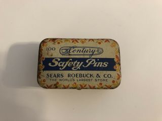 Rare Vintage Advertising Metal Tin Century Safety Pins Sears Roebuck & Co Tin