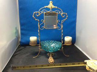 Antique Brass Pocket Watch Holder With Blue Crystal Bowl And 2 Ceramic Wells