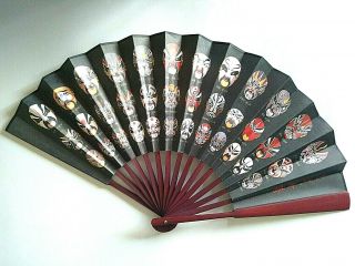Large Wood Hand Fan Folding 35 Cm 72 Masks Print Fancy Faces Tai Chi Kung Fu