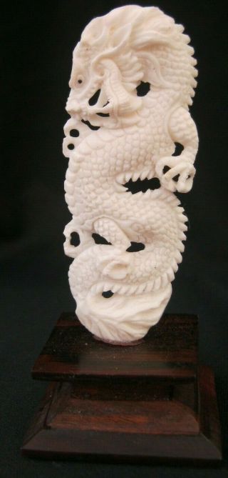 Hand Carved Chinese Dragon Statue On Wooden Stand Carved In Buffalo Bone