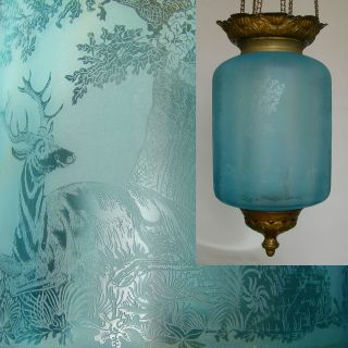 Antique Blue Glass C1900 French Art Nouveau Hanging Ceiling Light Oil Lantern