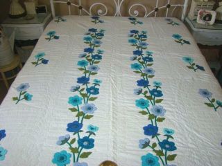 2 Vintage Twin Size Hand Sewn Applique Floral Quilts,  Gorgeous Blues