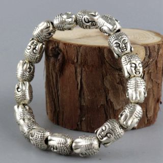 Collect Old Tibet Silver Hand Carve Double Buddha Head Moral Bring Luck Bracelet