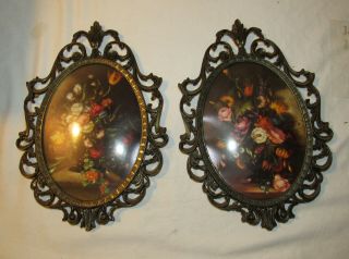 2 Vintage Antiqued Gold Scrolled Italy Domed Glass Oval 5x7 Photo Picture Frame