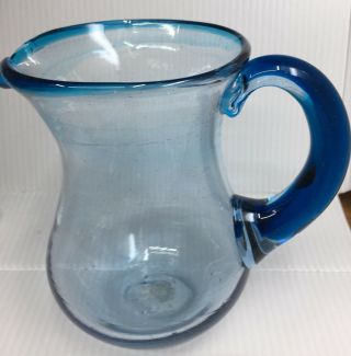 Mexican Glass Clear Cobalt Blue Hand Blown Small Pitcher Creamer 5 " Tall Vintage