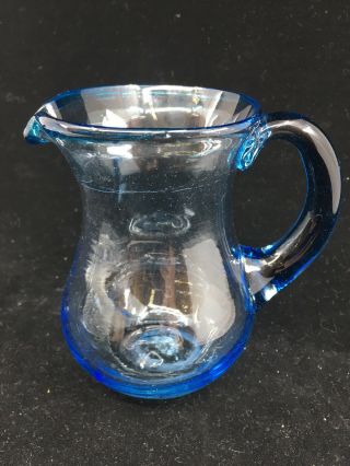 Mexican Glass Clear Cobalt Blue Hand Blown Small Pitcher Creamer 5 