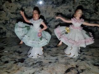 Two Antique Mini Dresden Lace Porcelain Ballerina Girl Figurine Made In Germany