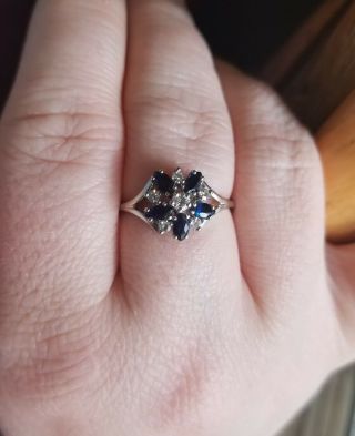 Vintage 14k White Gold Diamond Sapphire Cluster Cocktail Ring Size 9.  5