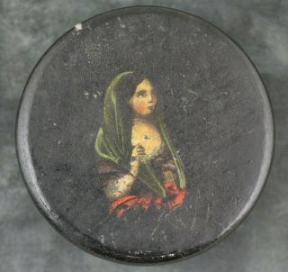 Antique Papier Mache Snuff Box Hand Painted With A Lady Russian ?