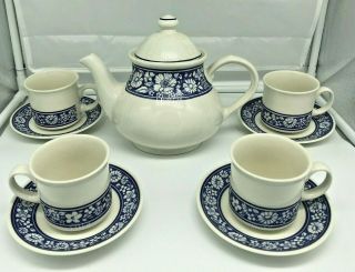 Blue Floral Daisy English Tea Pot With Cups And Saucers Vintage