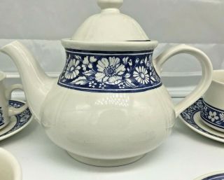 Blue Floral Daisy English Tea Pot With Cups And Saucers Vintage 2