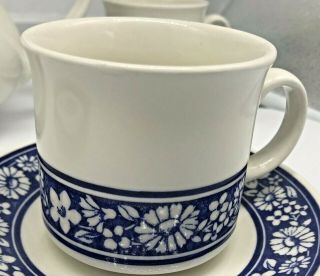 Blue Floral Daisy English Tea Pot With Cups And Saucers Vintage 3