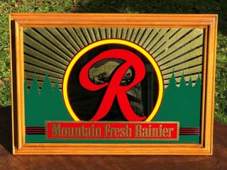 Vintage Rainier Beer Mountain Fresh Mirror Glass Sign Framed Seattle Brewing R