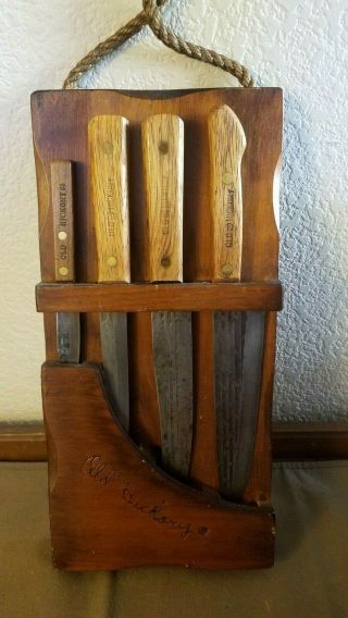 Vintage Old Hickory 4 Piece Knife Set With Wood Hanging Block Ontario Knife Usa