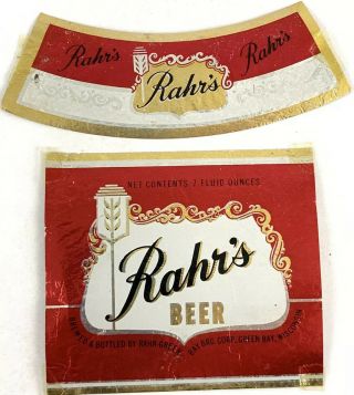 Vintage Rahr’s Beer Bottle Label Green Bay Wisconsin Foil & Neckband 7oz