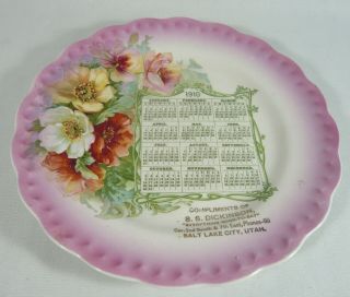 Antique 1910 China Calendar Plate Salt Lake City Utah 8 1/4 " Mormon Advertising