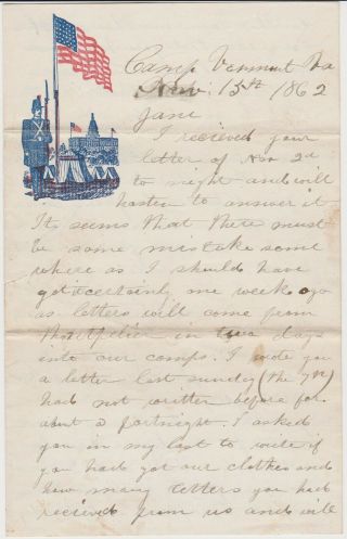 1862 Civil War Soldier Letter - Camp Vermont Va - Patriotic Stationery 13th Vt