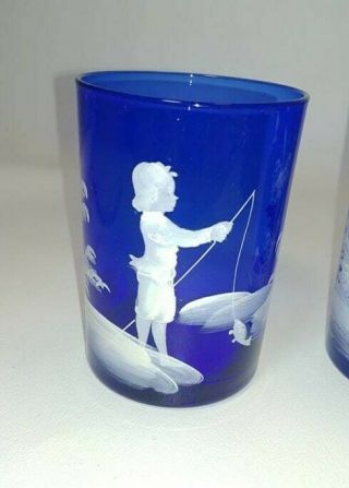 Mary Gregory Blue Tumbler Pair Art Glass Boy & Girl Fishing & Bird in hand 2