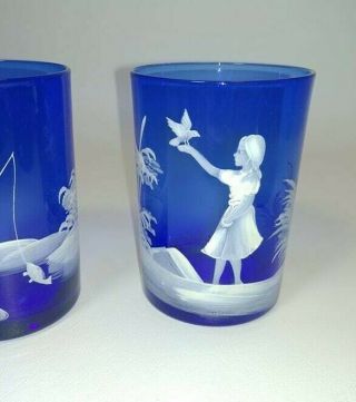 Mary Gregory Blue Tumbler Pair Art Glass Boy & Girl Fishing & Bird in hand 3