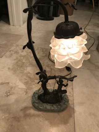 Antique Bronze Desk Lamp Girl Fairy Pixie On Swing Stone Base Art Glass Shade
