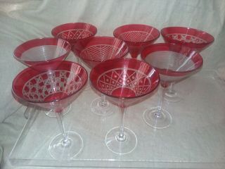 Vintage Red & Clear Cut Glass Martini Stemware 8 Set