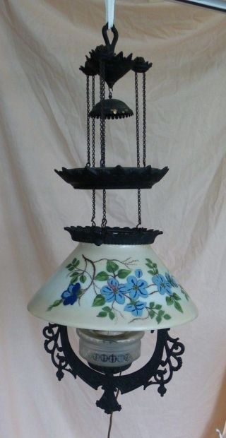 Antique Cast " Iron Horse " Pull Down Hanging Oil Lamp - Hand - Painted Shade