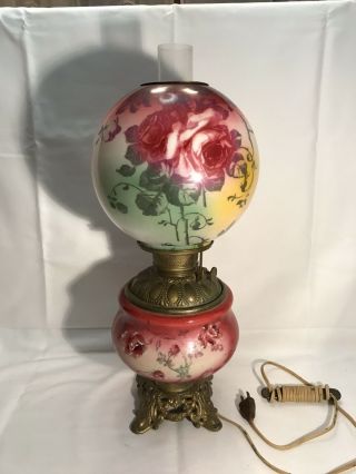 Vintage Roses Parlor Globe Hurricane Gone With The Wind Oil Lamp Electric Gwtw