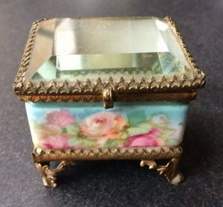 Antique French Porcelain Casket Jewelry Box Beveled Glass Top & Rose Decoration