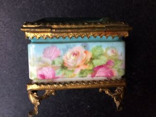 Antique French Porcelain Casket Jewelry Box Beveled Glass Top & Rose Decoration 2