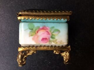 Antique French Porcelain Casket Jewelry Box Beveled Glass Top & Rose Decoration 3